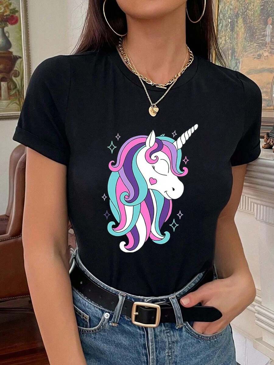100% Cotton Unicorn Shirts For Women For Her Cute Graphic Merchandise Unicorn Birthday Gifts For Womens Summer T-Shirt For Women - Black - View 1
