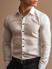 Camisa de vestir de manga larga de color negro sólido y uso versátil para hombre, casual de negocios