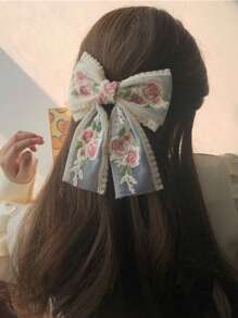 1pc Women's Embroidered Floral Ribbons Big Bow Hair Clip, French Lace Flower Hair Accessory