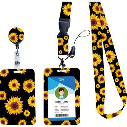 Portaidentificación con patrón de girasol y cordón retráctil, de material ABS, con texto en inglés, clip de metal, hebilla resistente y billetera - versátil para enfermeras, maestros, personal de oficina, útiles escolares, vuelta al colegio
