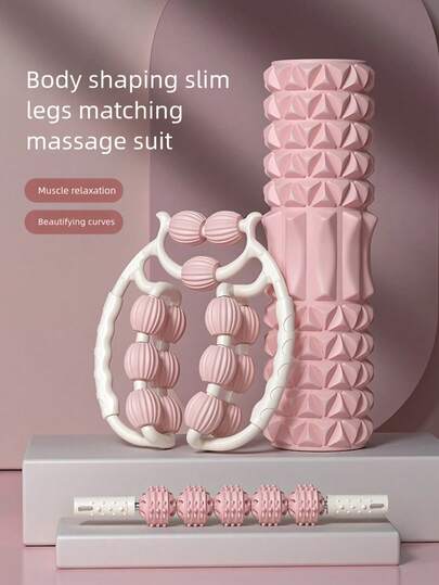 15轮腿部按摩器，5轮滚轮，按摩指压球-33厘米瑜伽柱，女性必备肌肉放松器材，便携实用，家用健身器材，女性家用运动器材，女性放松器材，美腿按摩器，双排腿部按摩器滚轮，瑜伽柱，瘦腿工具，腿部肌肉放松，EVA泡沫滚轮和手持按摩球