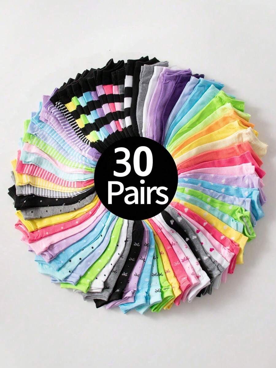 30 Pairs Kids Short Socks: Candy Colors, Lace Bow, Heart Pattern, Stripes, Soft & Comfortable, Casual Versatile, Student Socks - Suitable For Daily Wear, Random Mixed Colors