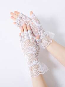Flower Half-Finger Lace Gloves With Hollow-Out Design - White - View 4