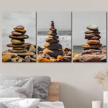 Conjunto de 3 cuadros con impresión de fotografía moderna de naturaleza con guijarros y piedras de playa, apropiado para decorar la sala de estar, baño, dormitorio, hotel, bed & breakfast, apartamento, estudio de yoga, spa, sala de meditación espiritual, pasillo, estudio, aula, habitación de niños, decoración de oficina, listo para colgar. - Multicolor - Ver 2