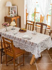 1pc White Embroidered Wavy Edge Tablecloth, High-End Lace Tablecloth Suitable For Weddings, Holiday Gatherings, Daily Home Use Tablecloth Decor