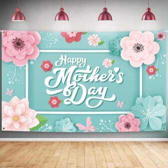 Happy Mother's Day Banner - 72x44 Inch, Light Blue | Mother's Day Decor | Fabric Material, Includes White Ribbon, Mother's Day Party Supplies, Polyester Fabric Backdrop Props