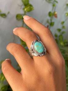 1pc Elegant Leaf-Shaped Butterfly Ring, Bohemian Style Faux Turquoise Silver-Tone Metal Ring For Women, Suitable For Daily Wear, Party, Birthday Gift - Antique Silver - View 13