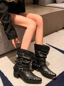 Botas hasta el tobillo, botas retro remachadas hasta la pantorrilla, botas de mujer francesas versátiles tipo western, botas de caballero, botas pequeñas