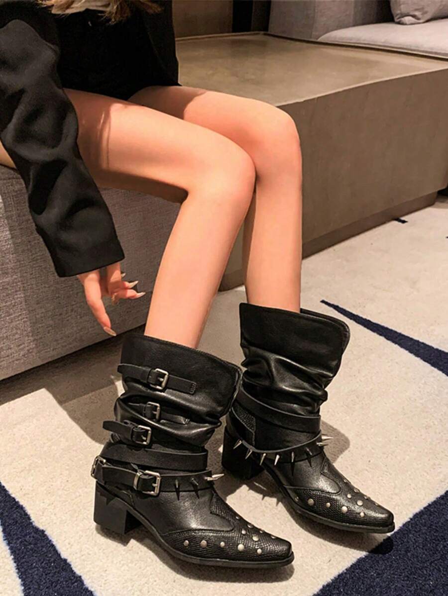 Botas hasta el tobillo, botas retro remachadas hasta la pantorrilla, botas de mujer francesas versátiles tipo western, botas de caballero, botas pequeñas