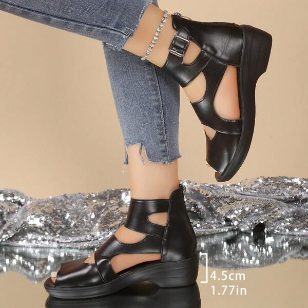 Women's Platform Sandals, Korean Fashion Wedge Heel Open Toe Plain Color Summer Casual Sandals