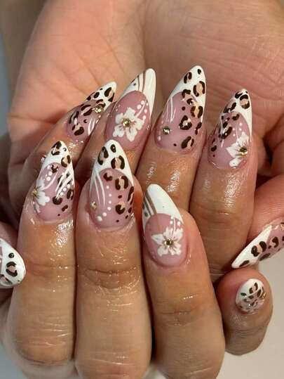 Upgrade Your Look,24Pcs Mid Almond Glossy False Nails With Cheetah Print White French Flower 3D Rhinestones Design,Sexy Wild Fashion School Daily Style Nail Art,Detachable Press On Nails For Women Nail Supplies Nails