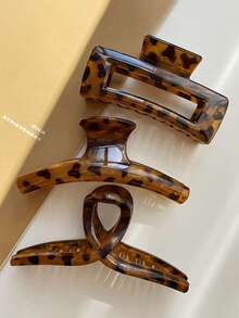 3入 11cm/4.33in 豹紋玳瑁髮爪夾，優雅亮面方形與扁平髮夾，大號防滑髮飾，適合厚髮 - 彩色 - 查看 2