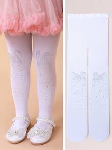 1pc Girls White Leggings, Swan Rhinestone Printed Tights, Suitable For Skirts And Shoes, Spring/Summer - Multicolor - View 1