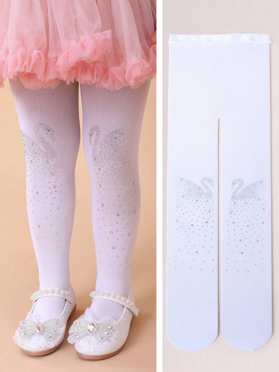 1pc Girls White Leggings, Swan Rhinestone Printed Tights, Suitable For Skirts And Shoes, Spring/Summer - Multicolor - View 1