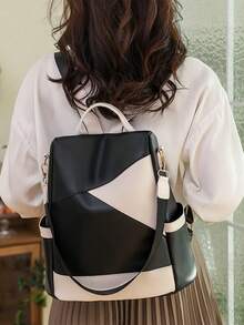 Fashion Women's Large Capacity Anti-Theft Colorblock Backpack, Suitable For Travel, Campus, Streetwear - Black - View 6