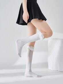 1 Pair Lace Bow Velvet Knee High Socks - Multicolor - View 4