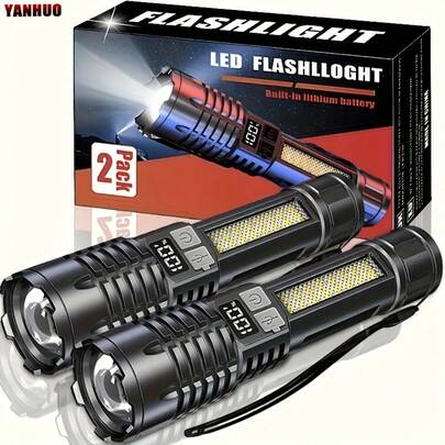 YANHUO 2 件超亮可充电 LED 手电筒，便携式可扩展手持电筒，适用于户外露营、钓鱼、狩猎、徒步旅行、探险应急徒步旅行，内置电池，露营配件