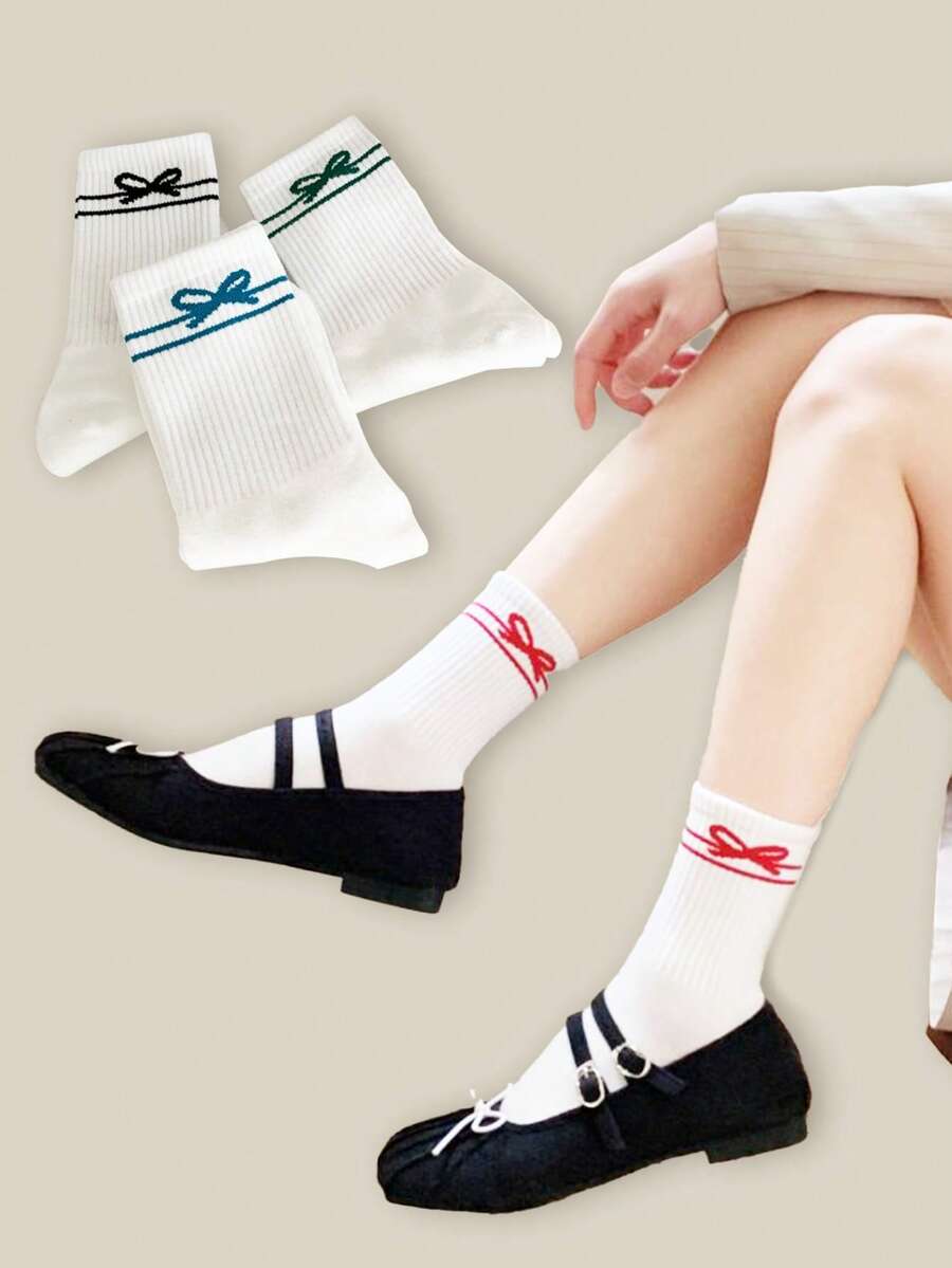 4 Pairs Women's Mid-Calf Socks With Bow Design, Moisture-Wicking, Odor-Resistant, Soft & Comfortable Casual Socks Suitable For Daily Wear, Home, Office, School, Sports - Multicolor - View 1