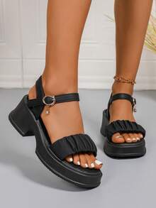 2025 年新款时尚舒适厚底高跟凉鞋，大码女款，适合所有季节，春、夏、秋、冬，优雅、性感、低价、休闲、运动、户外、派对、婚礼情人节 - 黑色 - 查看 3