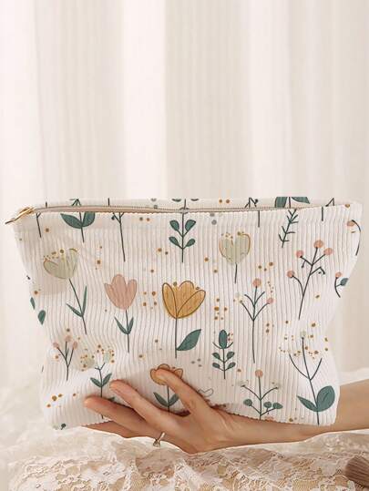 Plants Pattern Corduroy Makeup Bag, Lightweight Zipper Cosmetic Storage Bag Sweet Style Versatile Toiletries Organizer, Gift For Girls Women Friends Back To School ,School Supplies,Shop Back To School