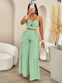 AIJ Amarilo Women Summer Vacation Twist Cami Top And Pleated Wide Leg Pants 2 Pieces Set - Bean Green - View 5
