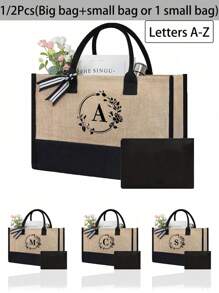 1/2 pezzi Borsa shopping tela con stampa lettere iniziali dalla A alla Z, con borsa portaoggetti cosmetici inclusa, borsa personalizzata, grande capacità, adatto per matrimoni, compleanni, spiaggia, vacanze, scuola, ottimo regalo per donne, mamme, insegnanti, amiche, damigelle d'onore, studenti, borsa grande. Borsa casual capiente e portatile, adatta per lo shopping multifunzionale