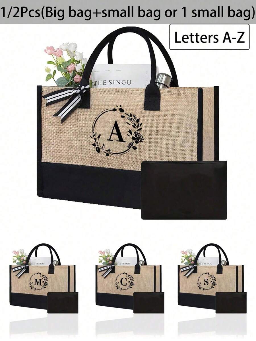 1/2 pezzi Borsa shopping tela con stampa lettere iniziali dalla A alla Z, con borsa portaoggetti cosmetici inclusa, borsa personalizzata, grande capacità, adatto per matrimoni, compleanni, spiaggia, vacanze, scuola, ottimo regalo per donne, mamme, insegnanti, amiche, damigelle d'onore, studenti, borsa grande. Borsa casual capiente e portatile, adatta per lo shopping multifunzionale