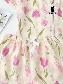 2pcs Plus Size Women Tulip Print Lapel Button Front Short Sleeve Top And Shorts Sleepwear Suit, Comfortable For Home Wear, Summer, Outfits