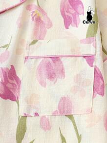 2pcs Plus Size Women Tulip Print Lapel Button Front Short Sleeve Top And Shorts Sleepwear Suit, Comfortable For Home Wear, Summer, Outfits