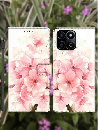 Kunstleder Handyhülle mit Straußentextur, Kartenfächern, Ständer, Blumenmuster, inklusive Halskette, geeignet als Valentinstag- und Freundschaftsgeschenk, wasserdicht, stoßfest, kratzfest und sturzresistent