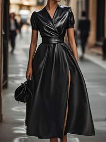 Women A-Line Long Skirts,Ladies Casual,Elegant,Party,High Waist Black PU Side Slit Hem Maxi Skirts,Casual Daily Wear