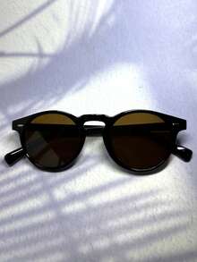 1pc Men's Retro Rivet Small Square Round Nerd Fashion Glasses, Suitable For College Style, Vintage Neutral Style, Fashionable Street Photography, Vacation, Daily Commute, Polycarbonate Lens, Fashion Glasses (With Glasses Strap) - Gọng đen/ tròng kính màu nâu sẫm - Xem 2