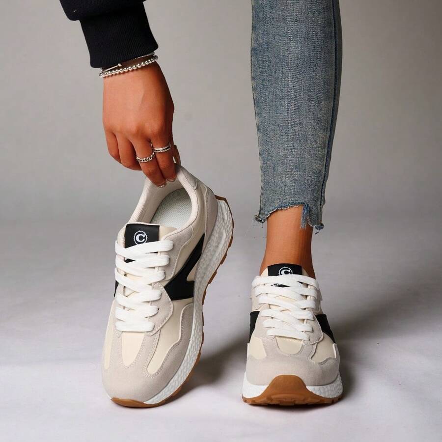 Lace Up Contrasting Women's Outdoor Sports Shoes And Hiking Boots, Lightweight And Comfortable - 卡其色 - 查看 1