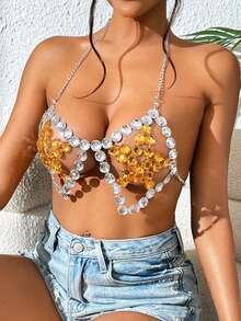1pc Women's New Pentagram Rhinestone Sexy Halter Chest Chain Two-Tone Bikini Body Chain - Yellow - View 3