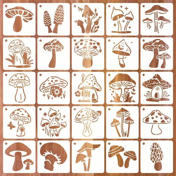 Paquete de 25 plantillas de hongos de 3 pulgadas, plantillas reutilizables con flores, lunas y hongos en estilo bohemio para pintar en madera, lienzo, azulejos, scrapbook y decoraciones de tela, manualidades DIY