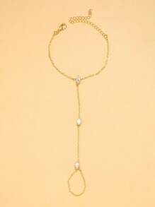 1 pieza Brazalete de mujer con hoja de diamante de estilo bohemio y cristal, brazalete de cadena fina simple para el dedo, accesorio de joyería como regalo
