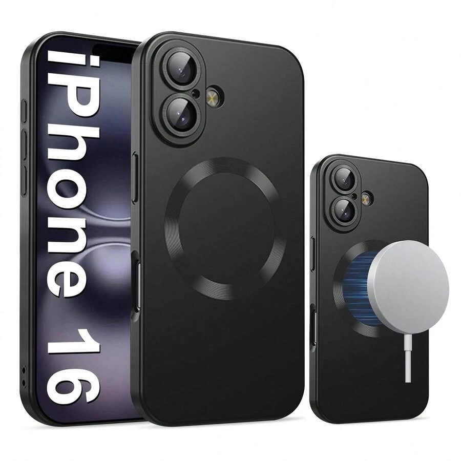1pc Black CD Pattern Magnetic MagSafe Silicone Soft-Touch Metallic Paint Matte Simplistic Design All-Inclusive Lens Film Anti-Drop Anti-Dust Breathable Anti-Fingerprint Protective Case Compatible With Apple 16 Pro/16 Pro Max/16 Plus/16/16E/SE4/15 Pro/15 Pro Max/15 Plus/15/14 Pro/14 Pro Max/14 Plus/14/13 Pro/13 Pro Max/13/12 Pro/12 Pro Max/12/11 Pro Max/11/11 Pro