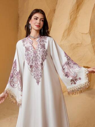 Women's Printed Dress With Diamond Tassel Sleeves, Elegant Jalabiya