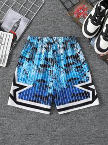 1 pieza Pantalones cortos de rodilla, estilo casual y de moda con estampado de Chicago, olas y estrellas, para niños, primavera/verano