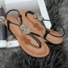 Women's Caramel Flat Sandal With Adjustable Embellishment - 黑色 - 查看 6