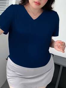 Camisa casual para talla extra de cuello redondo, manga de loto, para verano, blusas de manga corta  Liso  Casual    Fruncido