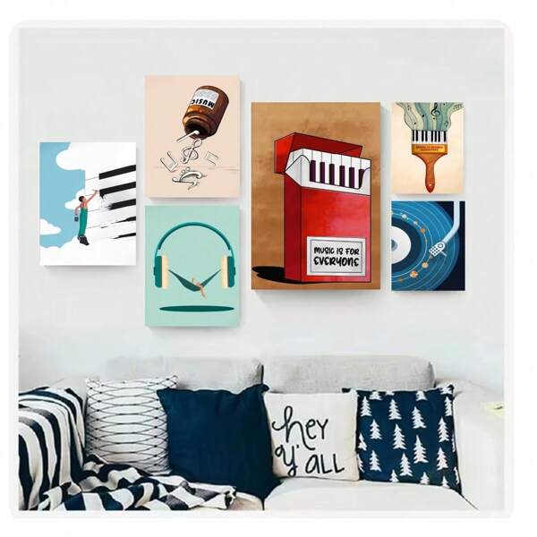 1 pieza Póster de arte de pared con pintura vintage abstracta y minimalista sin marco, de un piano de dibujos animados, guitarras y notas musicales, decoración moderna para sala de estar, dormitorio, sala de estudio, cafetería, sala de música y hogar