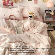 3/4pcs Pink Printed Bedding Set, Cute Rabbit & Bear Print Bedding Set For Girls, Cartoon Animal Soft Pink Bow Pink Heart Polyester Fabric Skin-Friendly Bedding Set (1 Duvet Cover + 1 Bedsheet + 1/2 Pillowcase, Without Filler)