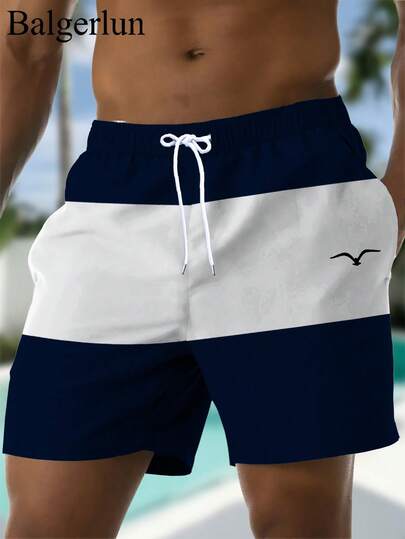 Men's Printed Drawstring Waist Side Pockets Hawaiian Quick Dry Double Layer Mesh Lining Shorts, Seagull Colorblock 3D Print, Fashionable Casual Beach Resort Style, Swim Trunks