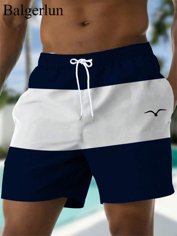 Men's Printed Drawstring Waist Side Pockets Hawaiian Quick Dry Double Layer Mesh Lining Shorts, Seagull Colorblock 3D Print, Fashionable Casual Beach Resort Style, Swim Trunks