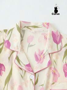 2pcs Plus Size Women Tulip Print Lapel Button Front Short Sleeve Top And Shorts Sleepwear Suit, Comfortable For Home Wear, Summer, Outfits