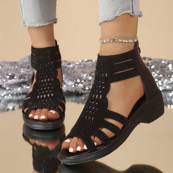 Women's Platform Roman Rhinestone Wedge Sandals, Black Open-Toe Wedge Sandals For Summer