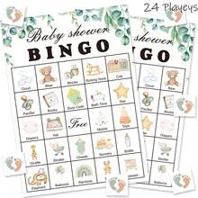 Set de 33 piezas Juego de Bingo para Baby Shower, para 24 jugadores, Juego de Baby Shower Neutro de Revelación de Género, Tarjetas de Bingo para Baby Shower Bautizo Rellenas con Eucalipto, Juego de Baby Shower Verdura, Actividad de Regalo de Baby Shower - Ver 1