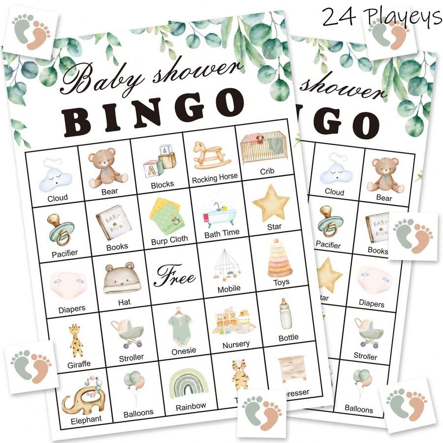 Set de 33 piezas Juego de Bingo para Baby Shower, para 24 jugadores, Juego de Baby Shower Neutro de Revelación de Género, Tarjetas de Bingo para Baby Shower Bautizo Rellenas con Eucalipto, Juego de Baby Shower Verdura, Actividad de Regalo de Baby Shower - Ver 1