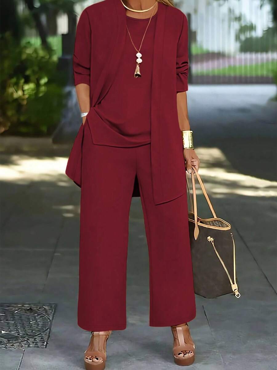 Bộ đồ nữ 3 món màu trơn thường ngày: Áo khoác/áo cardigan + Áo thun cổ tròn không tay + Quần ống đứng cạp chun, chất liệu mềm mại, co giãn, dáng rộng thoải mái, thích hợp cho mùa xuân/thu/đông. - Màu Đỏ Sâu - Xem 1